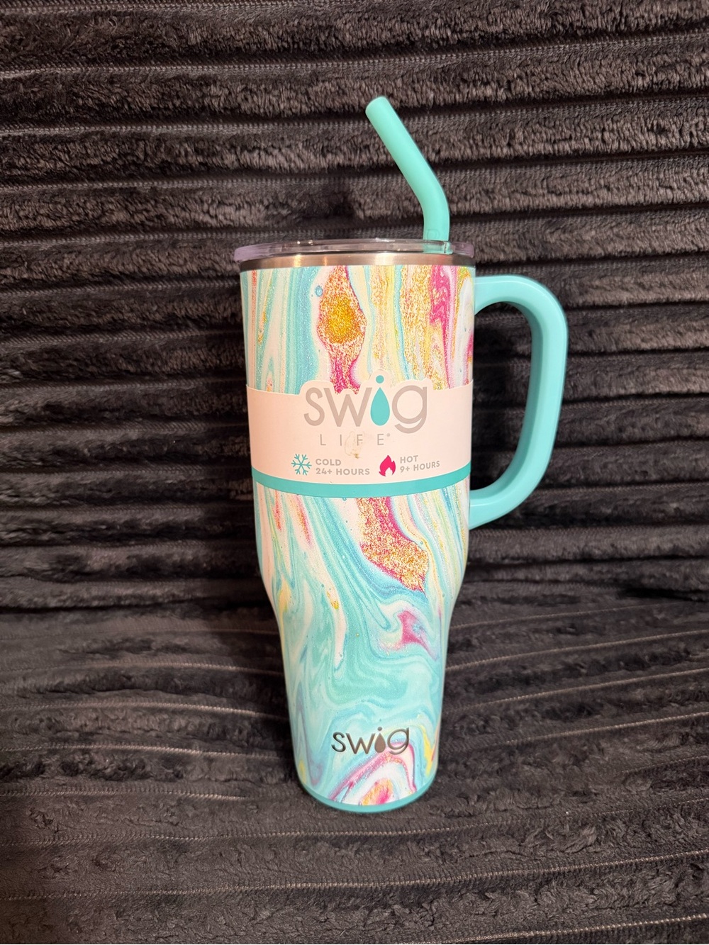 Swig Life Turquoise Marble Travel Tumbler with Handle and Straw